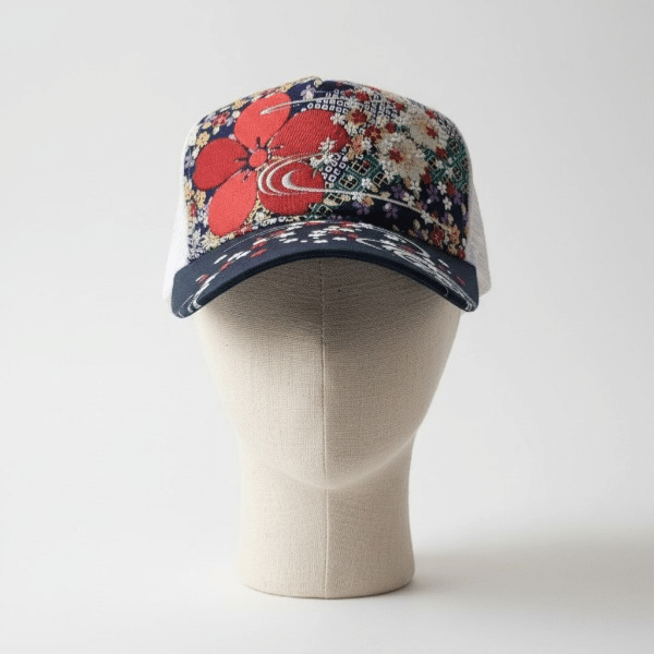 Casquette Blanche-Bleue 100% coton + Résille - Motifs Floraux