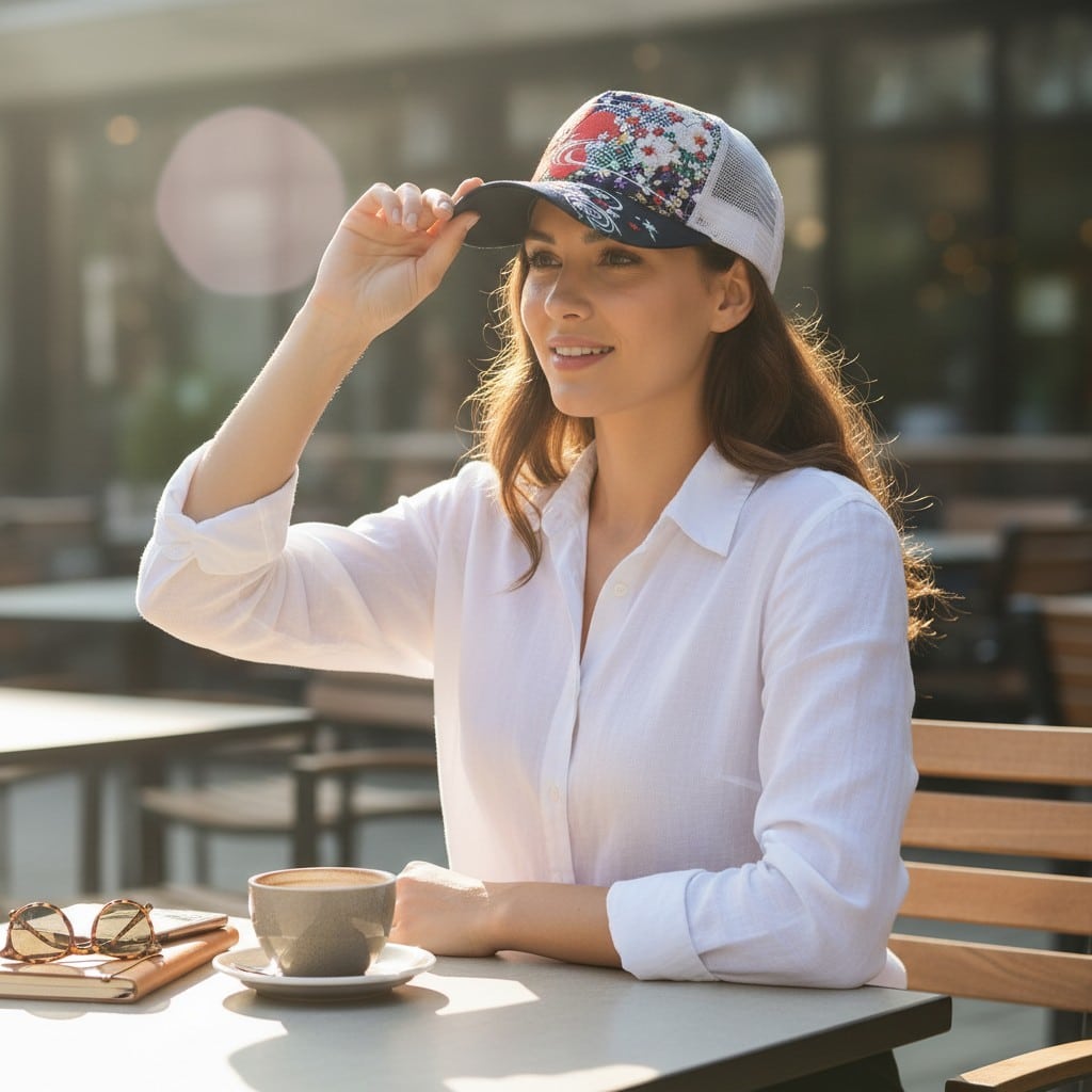 Casquette Blanche-Bleue 100% coton + Résille - Motifs Floraux – Image 3