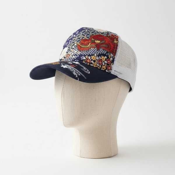 Casquette Blanche-Bleue 100% coton + Résille – Motif Dragon