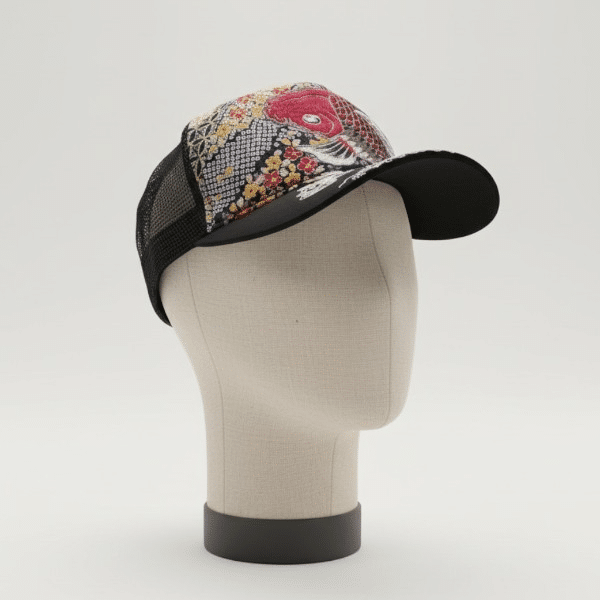 Casquette Noire 100% coton + Résille - Motif Koï – Image 4