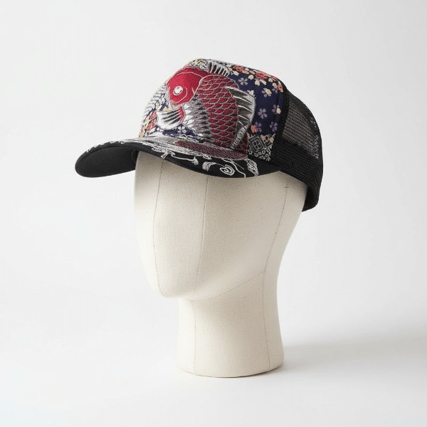 Casquette Noire 100% coton + Résille - Motif Koï
