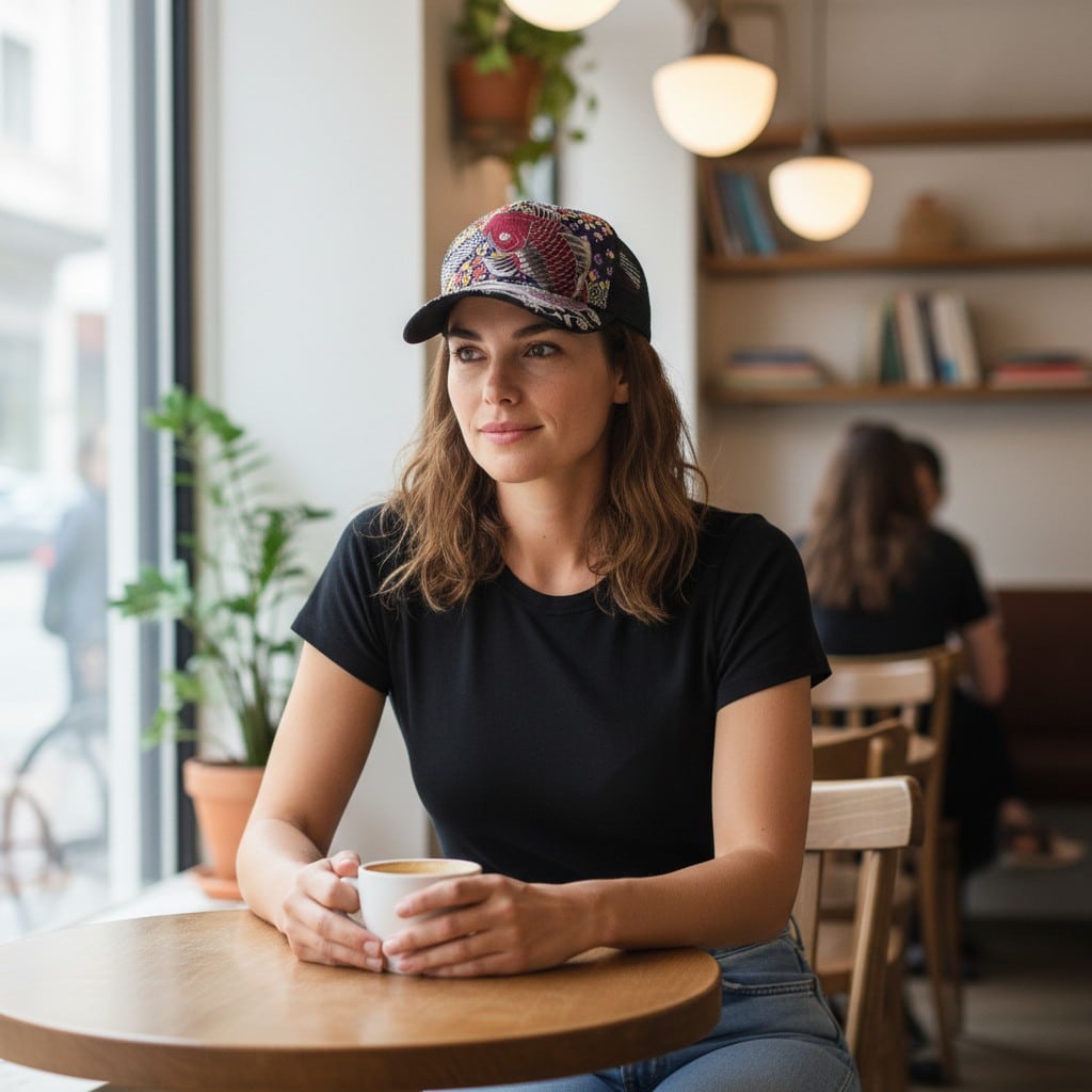 Casquette Noire 100% coton + Résille - Motif Koï – Image 3